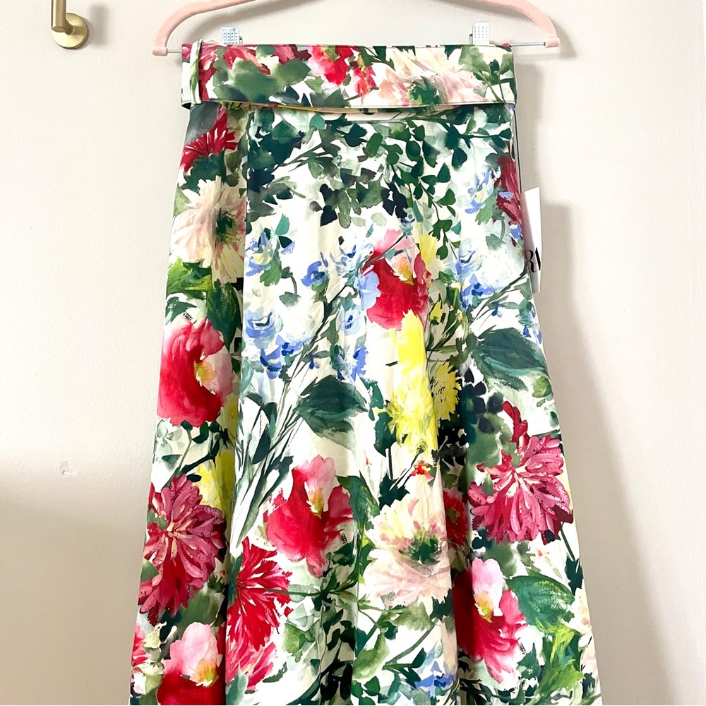 Zara Floral Midi Skirt with Fabric Belt